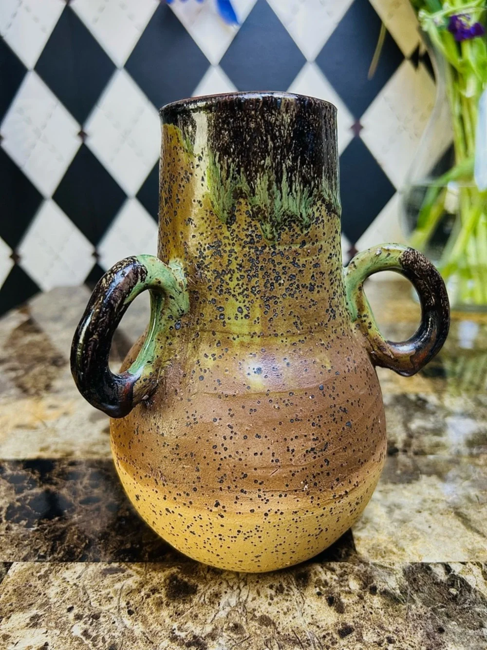 Triple Handle Studio Pottery Vase Signed Speckled Earth‎ Tone Rustic Green Beige